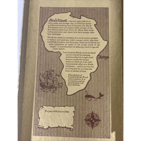 Vintage Salad Server Set African Kenya Mvule Wood Fork Spoon New w/Box - Picture 4 of 6